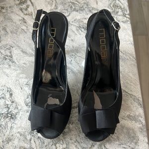 7.5B Black peau de soie heels 4” open toe and heel shoe by MODA. Worn twice